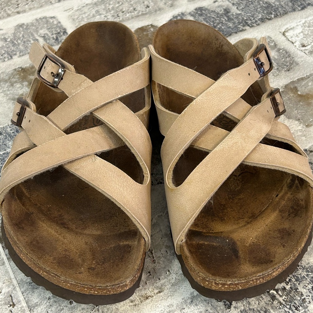 Birki’s by Birkenstock Calais Tan Strappy Sandals Narrow Width - Picture 2 of 7